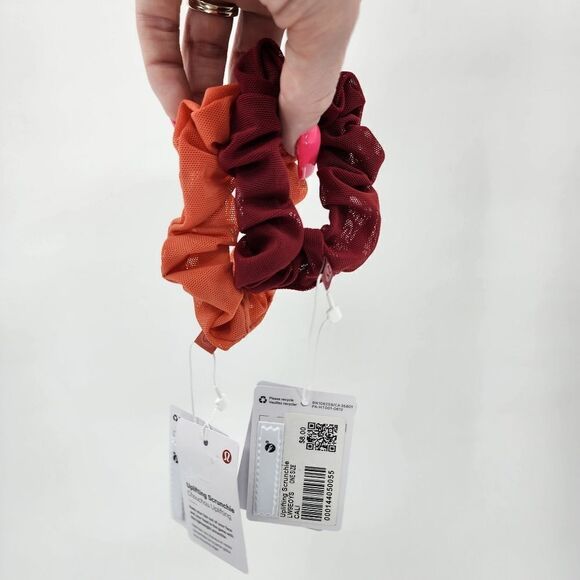 NWT Lululemon uplifting scrunchies 2 pack orange red maroon logo mesh sold out - Picture 2 of 6